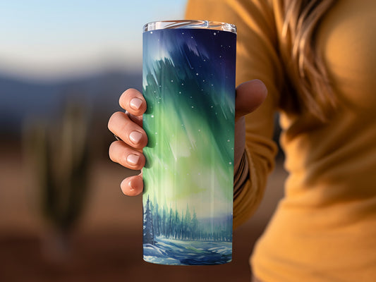 Northern Lights Tumbler with Scenic Forest Design