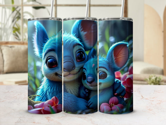 Cartoon Stitch characters embrace among flowers and greenery.