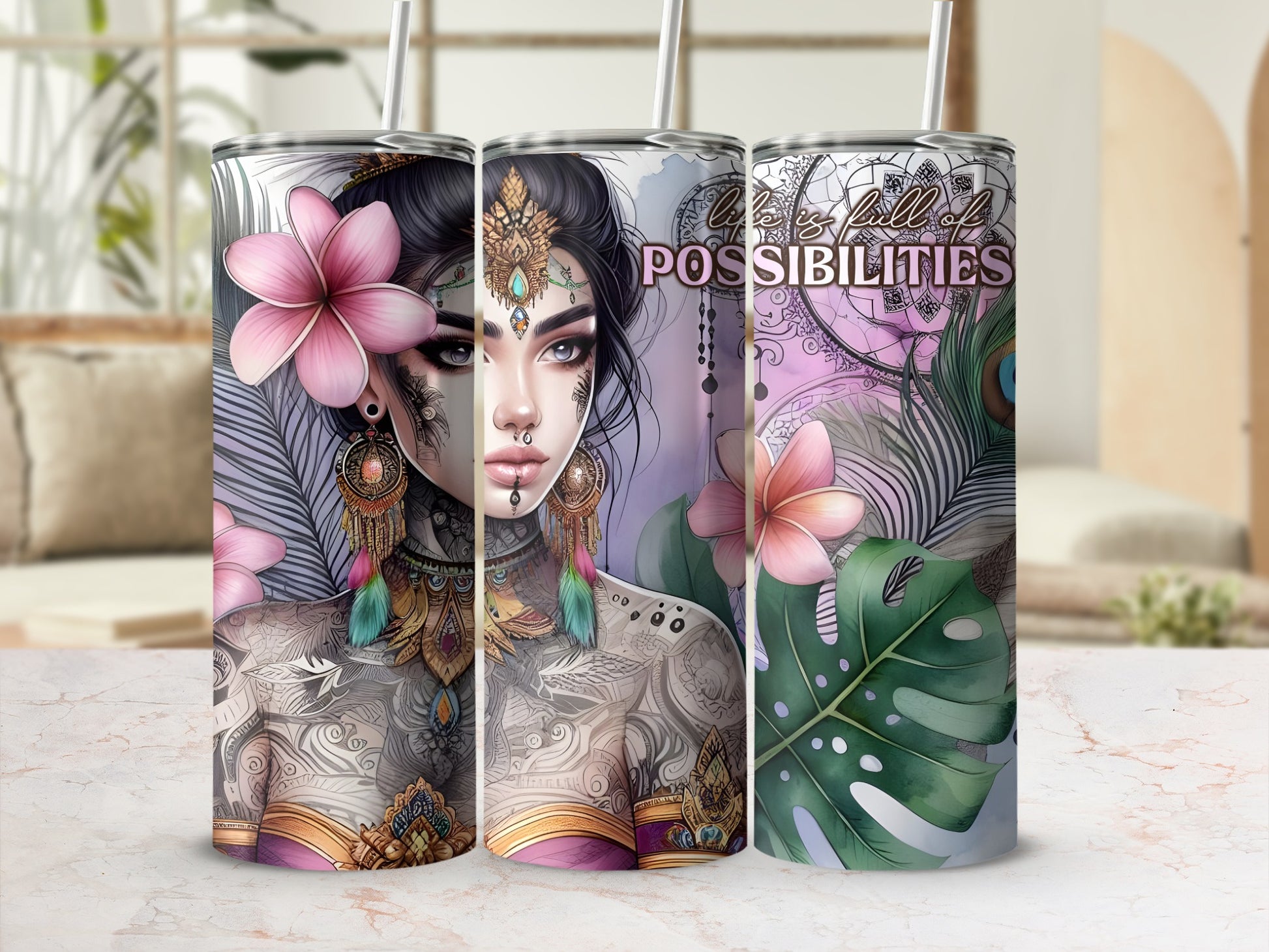 Three tumblers with tattooed woman and "POSSIBILITIES" text.