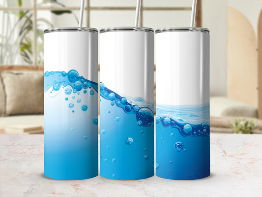 Three stainless steel tumblers with a blue water and bubble design.