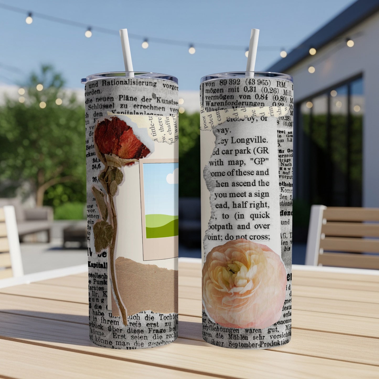 Two tumblers with torn paper, rose, and text designs, one with a small landscape insert.