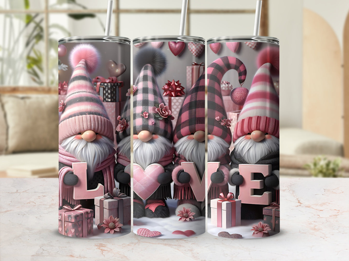 Four gnomes in pink plaid hold letters spelling "LOVE" with gifts.