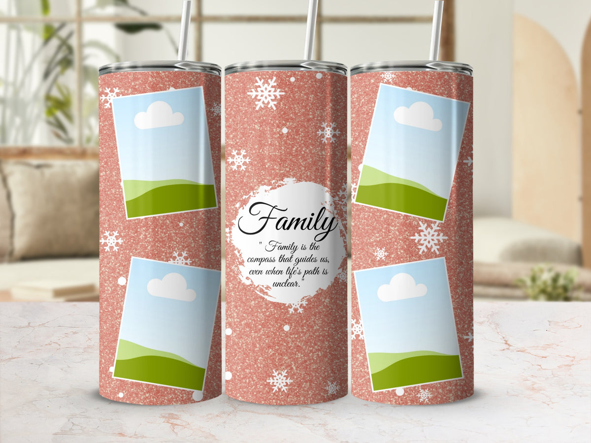Glittery coral tumbler with snowflakes, photo placeholders, and family quote.