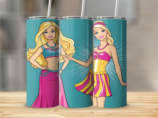 Barbie figures in pink and yellow dresses on teal background.