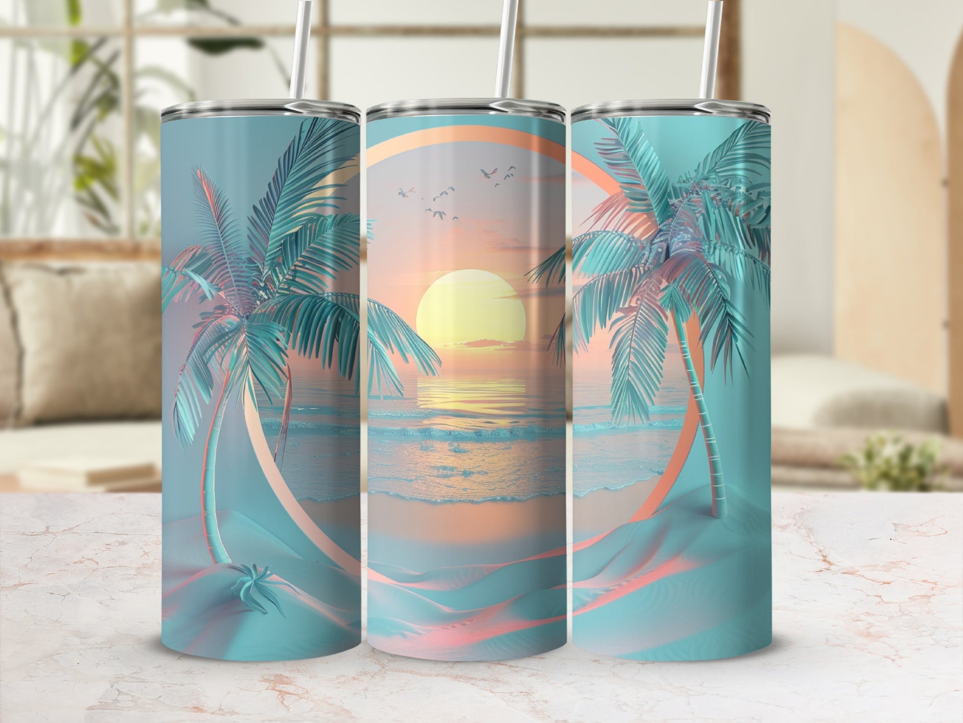 Beach sunset with palm trees and ocean waves on a teal tumbler.