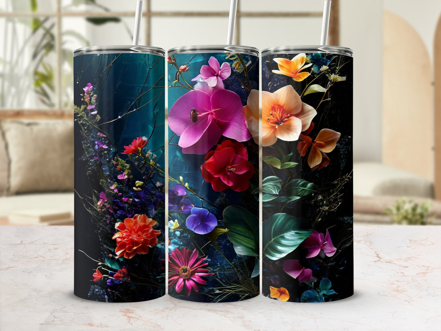 Three tumblers with a dark floral pattern, featuring vibrant flowers and leaves.