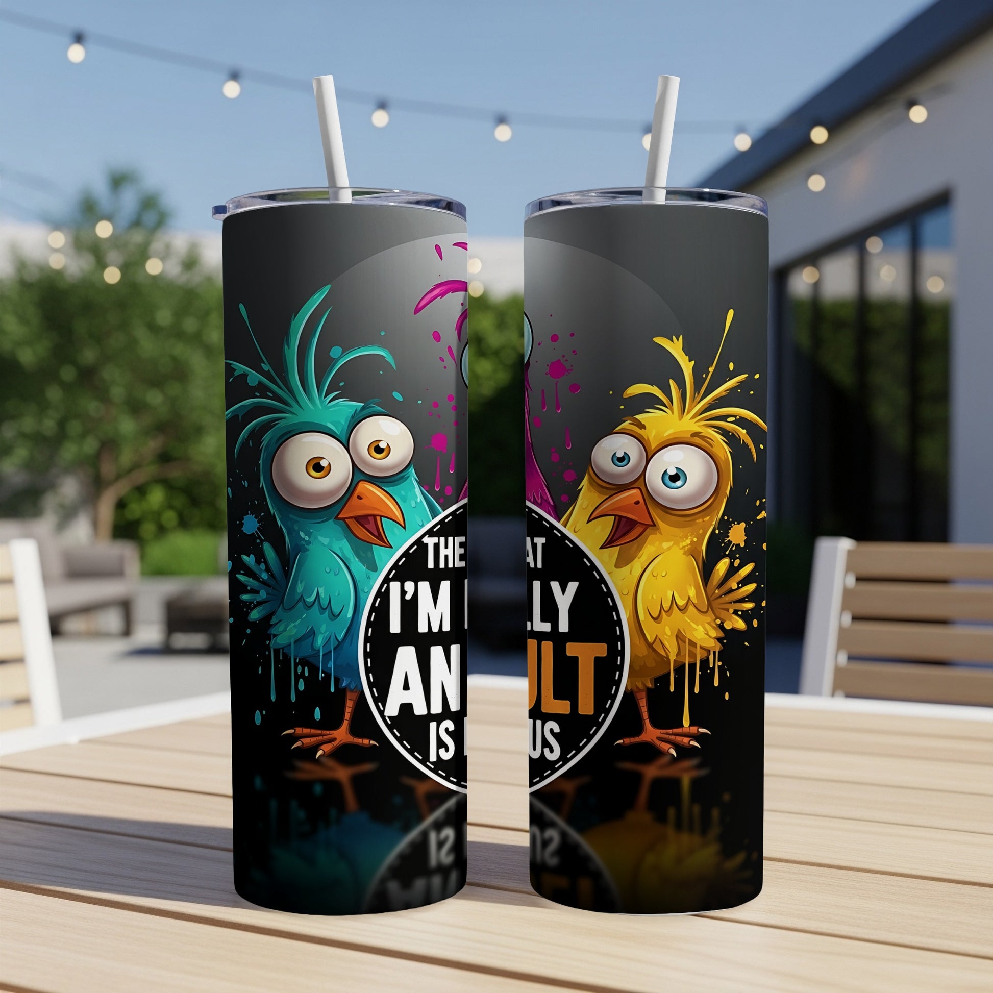Two colorful cartoon birds on a skinny tumbler with text "The only thing I'm old and adult is us".