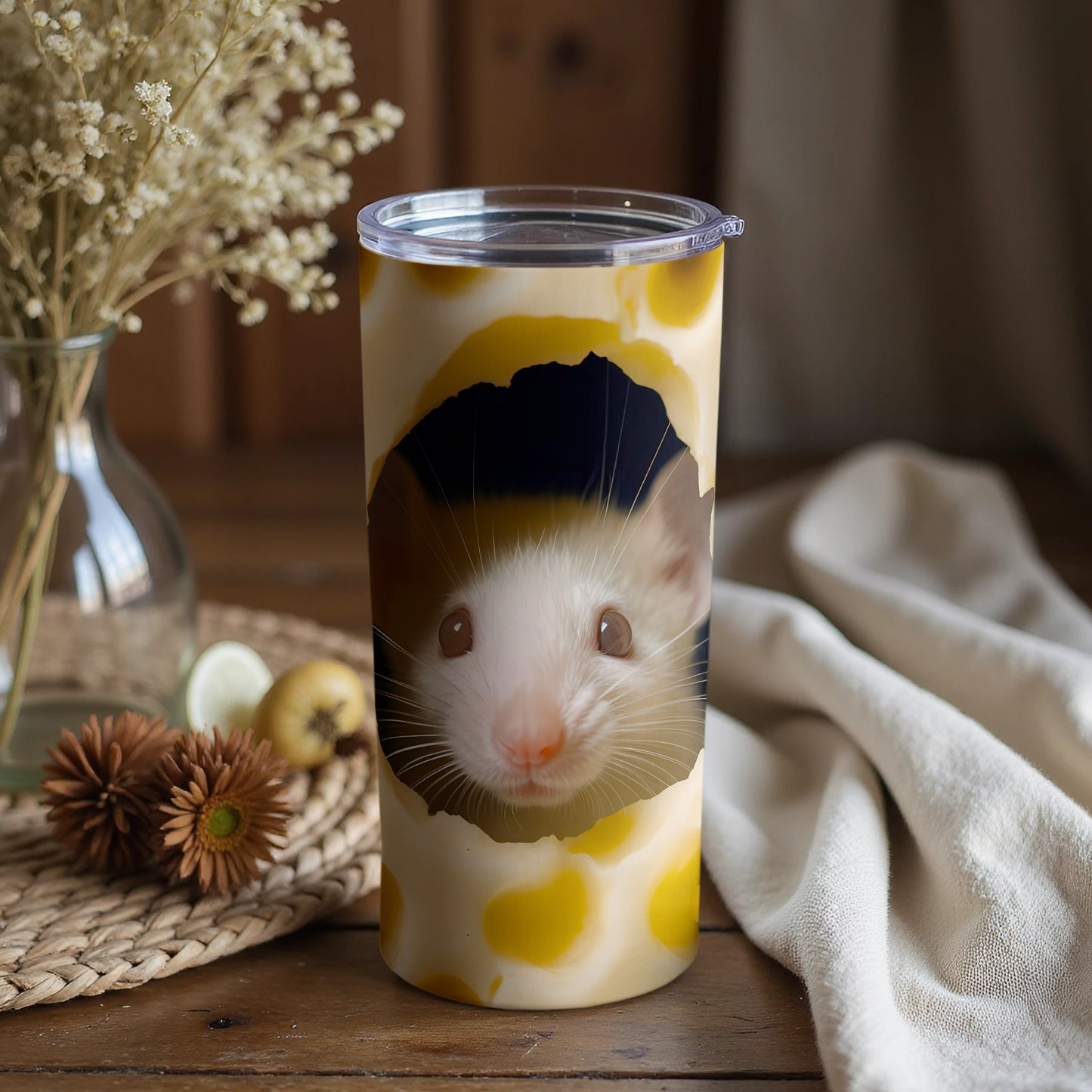 White Rat Peeking Hole Yellow Spots Cream Tumbler Product Type
Rat, Mouse, Rodent, Cute Animal, Pet Lover, Tumbler, Drinkware, Insulated Cup, Travel Mug, Beverage, Yellow Spots, Cream Background, Peeking Rat, Hole Design, Animal Print, Unique Gift, Fun Design, Small Animal, White Rat, Critter