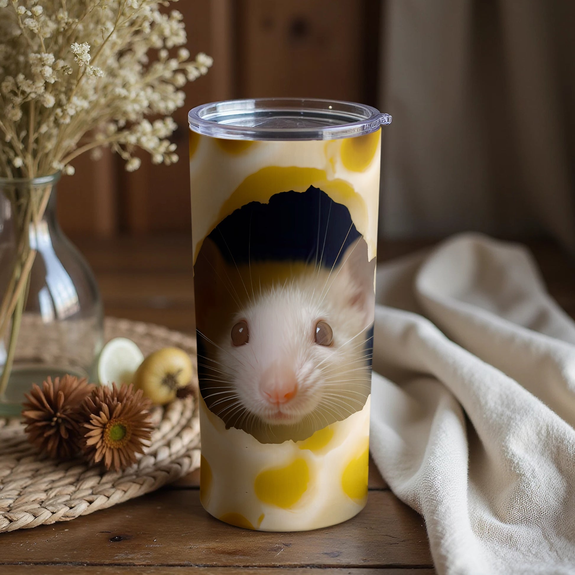 White Rat Peeking Hole Yellow Spots Cream Tumbler Product Type
Rat, Mouse, Rodent, Cute Animal, Pet Lover, Tumbler, Drinkware, Insulated Cup, Travel Mug, Beverage, Yellow Spots, Cream Background, Peeking Rat, Hole Design, Animal Print, Unique Gift, Fun Design, Small Animal, White Rat, Critter