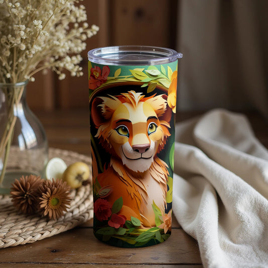Vibrant Artistic Lion Tumbler with Floral Design