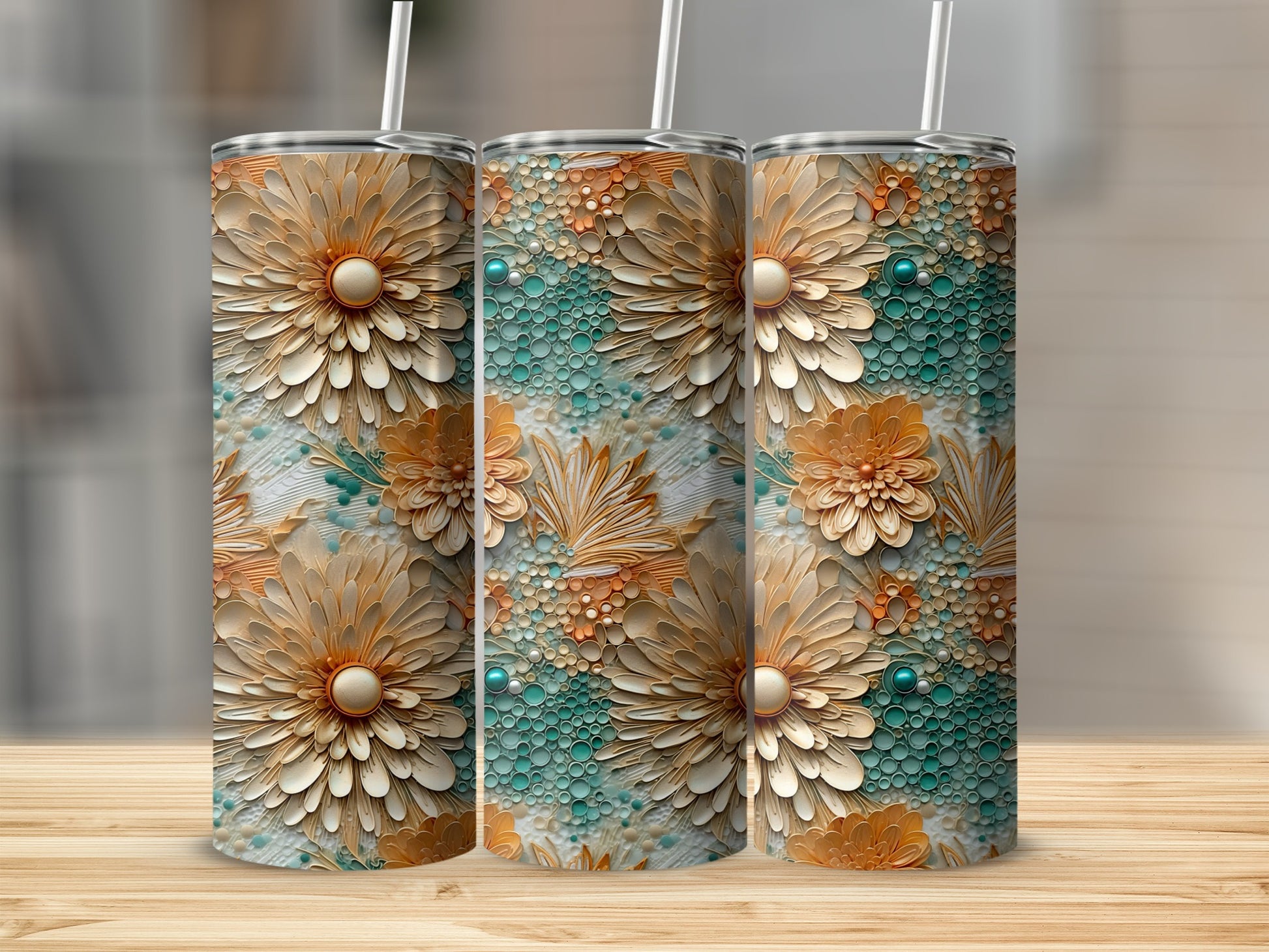 Floral Patterned Insulated Tumbler Cup with Straw