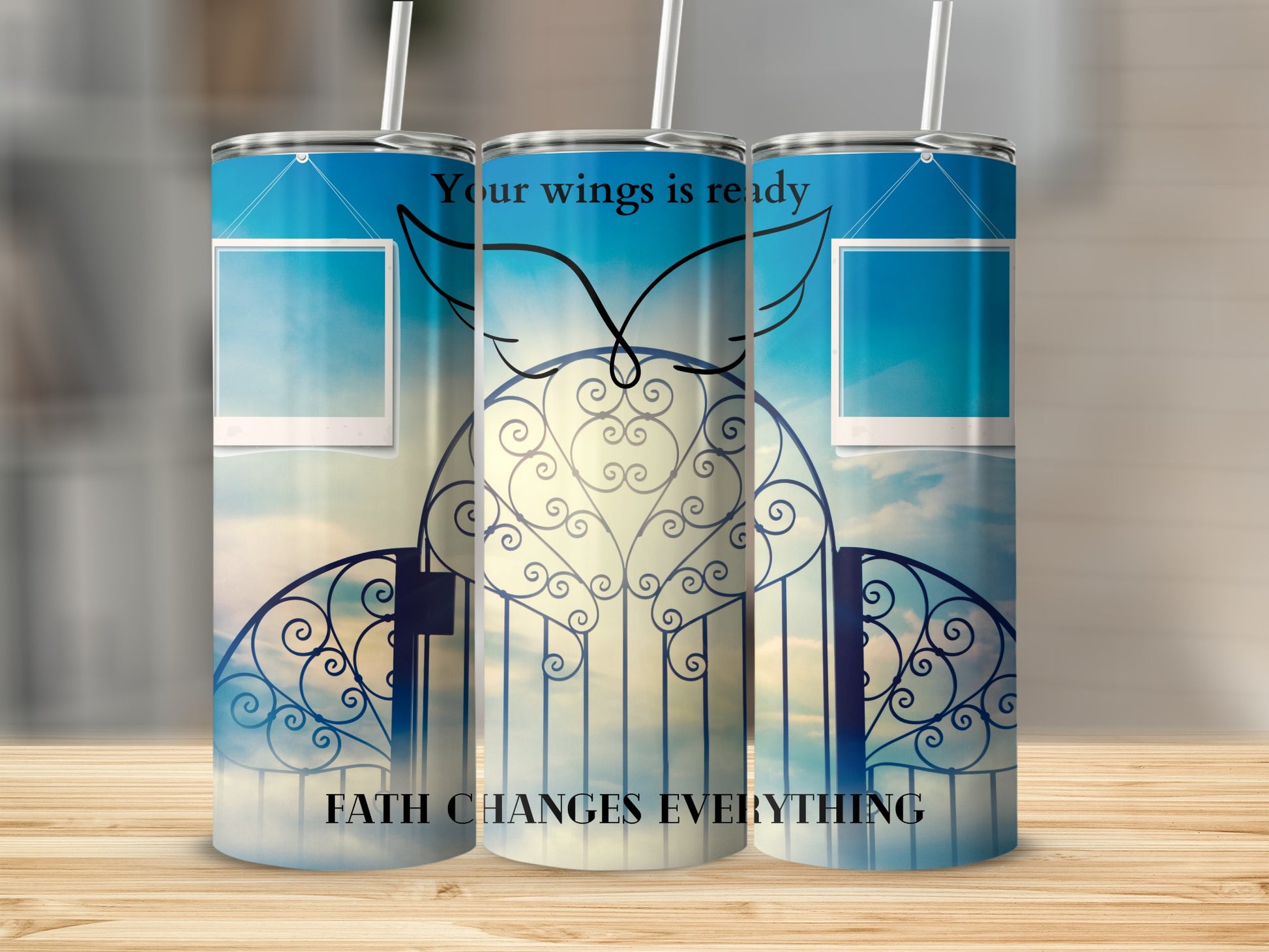Tumbler with blue sky, gates, wings, and text "Your wings is ready".