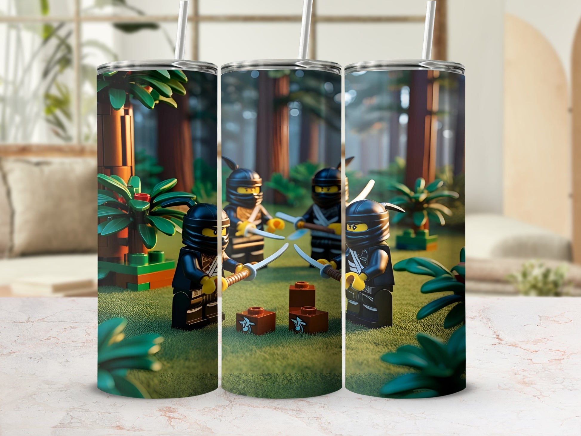 Three ninja minifigures in a forest setting, holding swords and brown bricks.