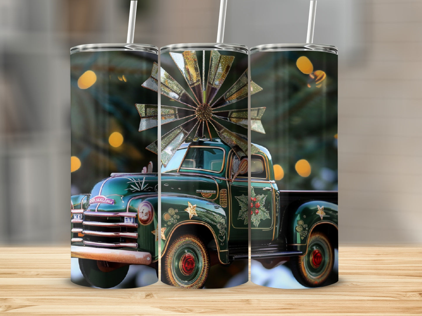 Green vintage truck with holiday decorations and gold accents on tumblers.