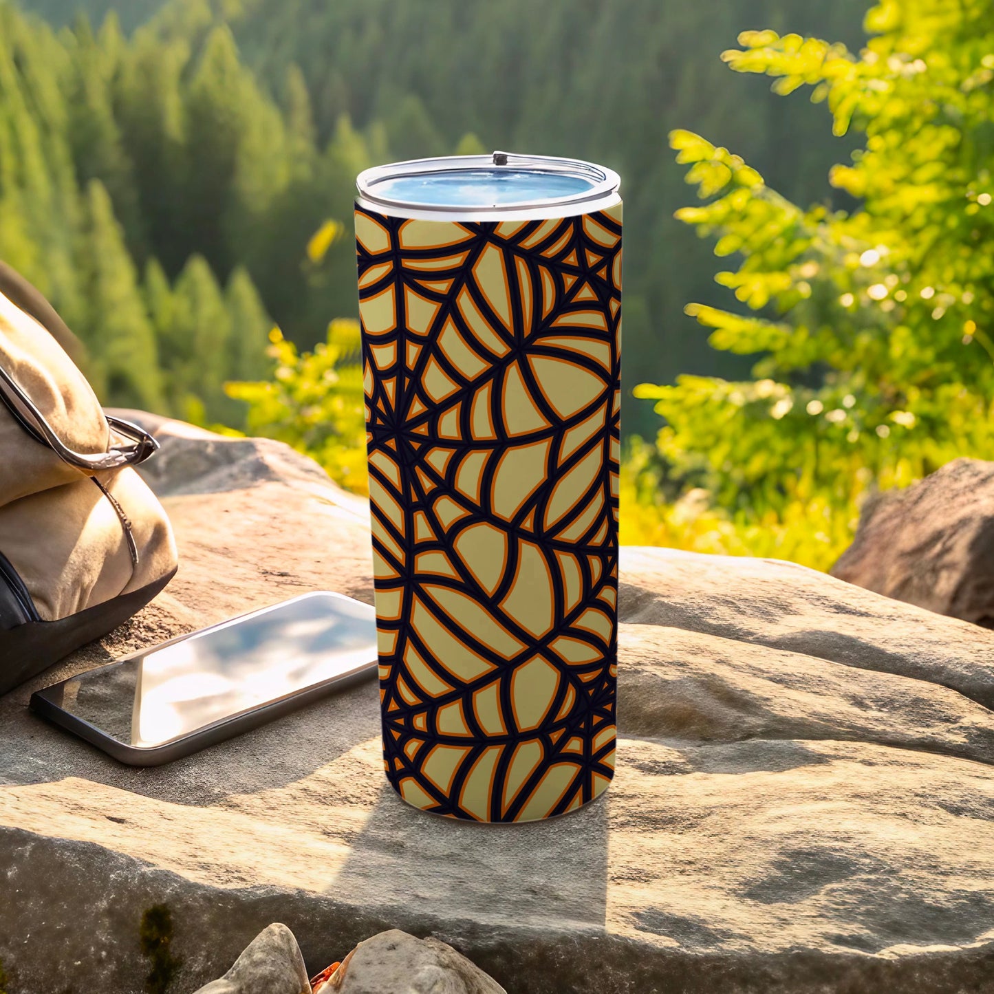 Abstract Spider Web Design Dark Lines Orange Tumbler product type