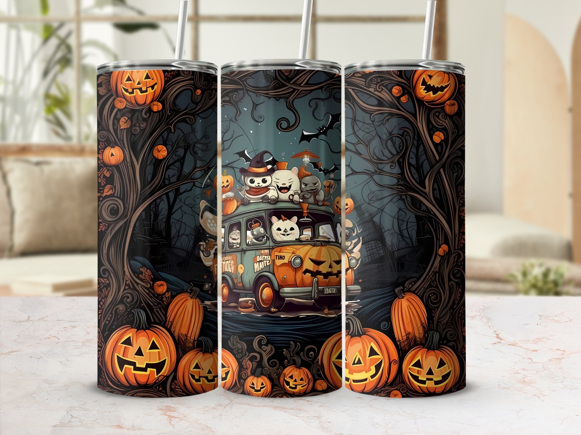 Halloween tumblers with cartoon characters, pumpkins, and a spooky forest scene.