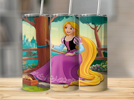 Rapunzel with long blonde hair in a purple dress sitting next to a tree.