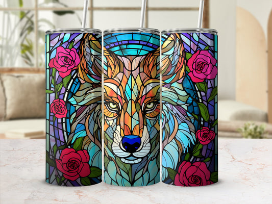 Stained glass wolf and rose design on a tumbler.