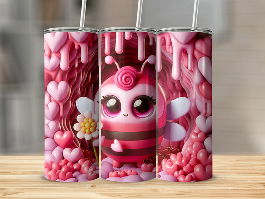 Pink bumblebee character with heart-shaped decorations and dripping pink frosting.