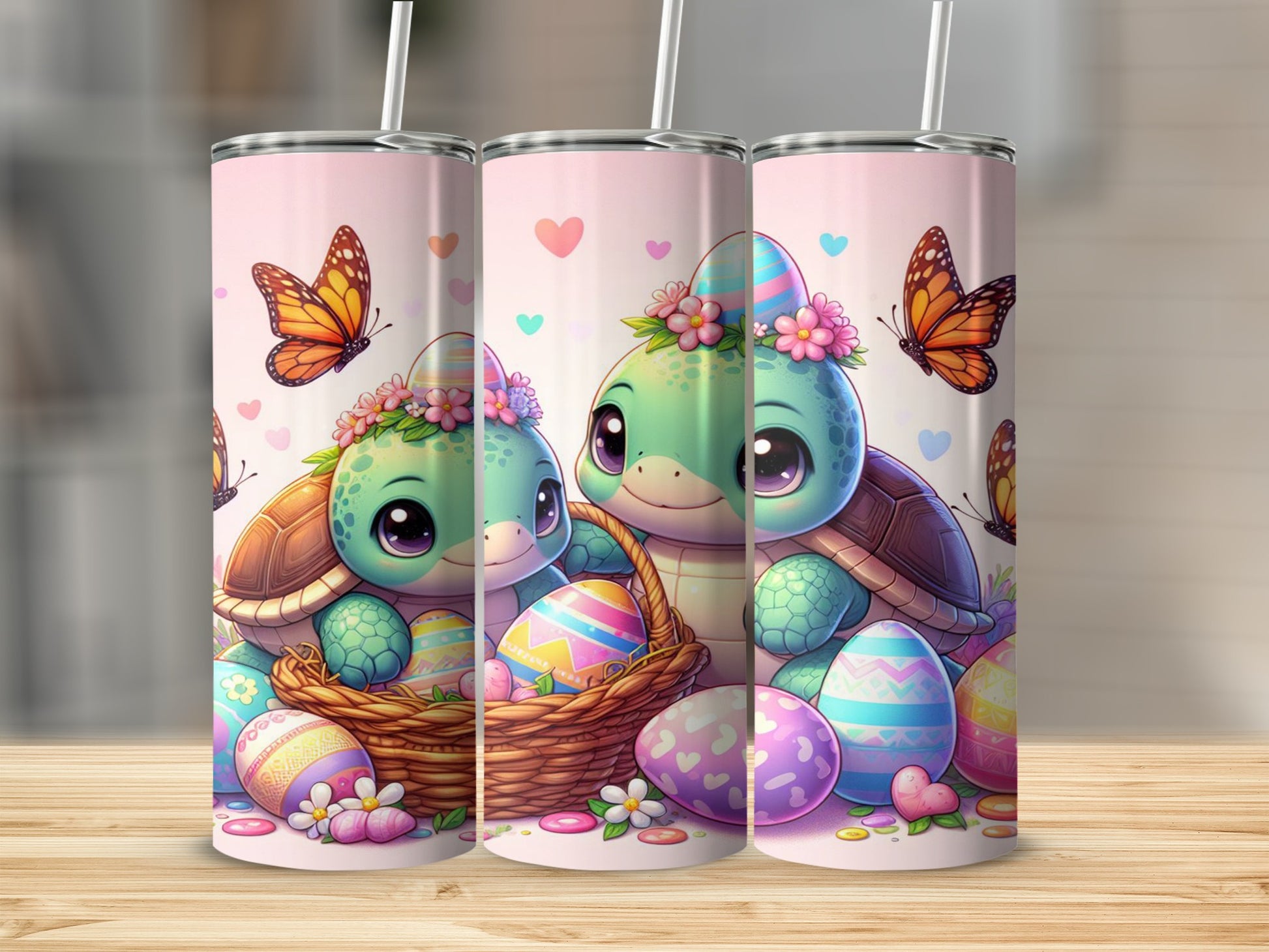 Cute cartoon turtles with Easter eggs and butterflies on a pink tumbler.
