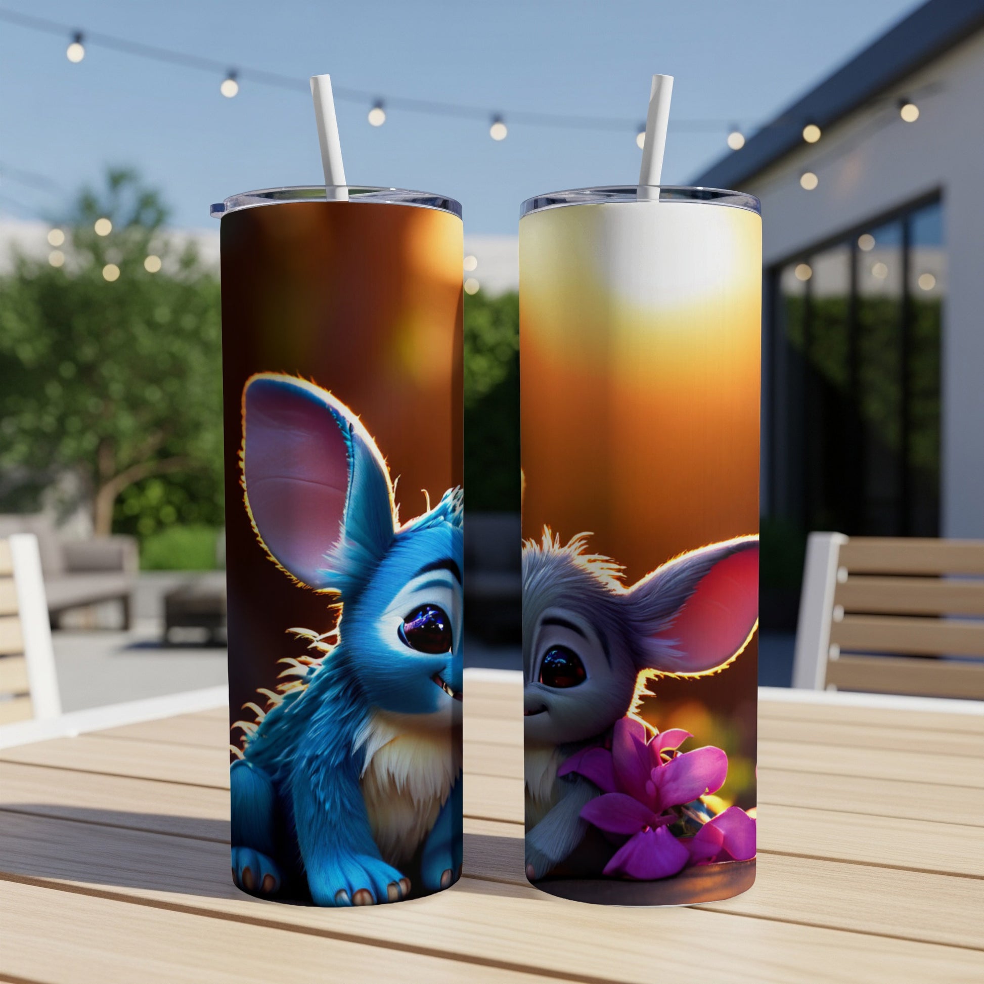 Blue and gray alien characters on two tumblers outdoors.