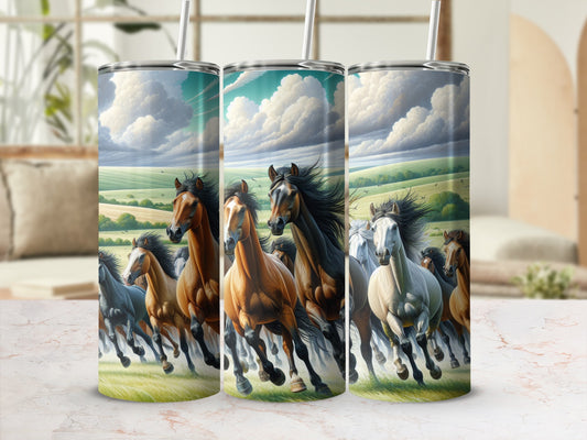 Three tumblers featuring running horses and a scenic landscape.