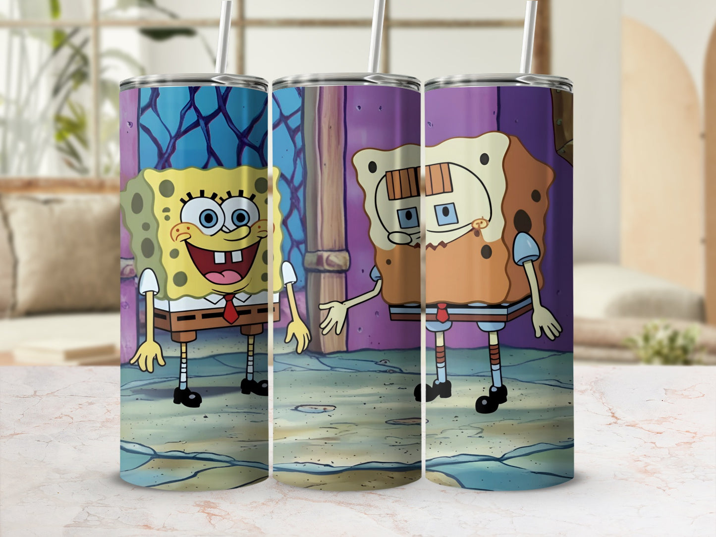 Three tumblers featuring Spongebob Squarepants characters in a cartoon underwater scene.