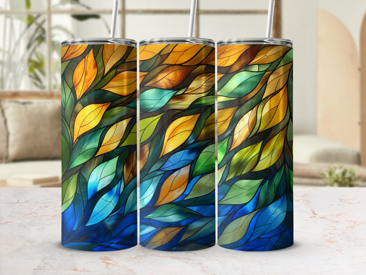 Three tall tumblers with stained glass leaf design.