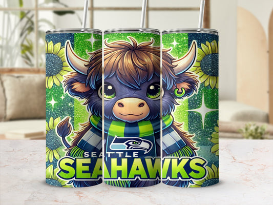 Seattle Seahawks tumbler with cartoon bull and sunflowers.