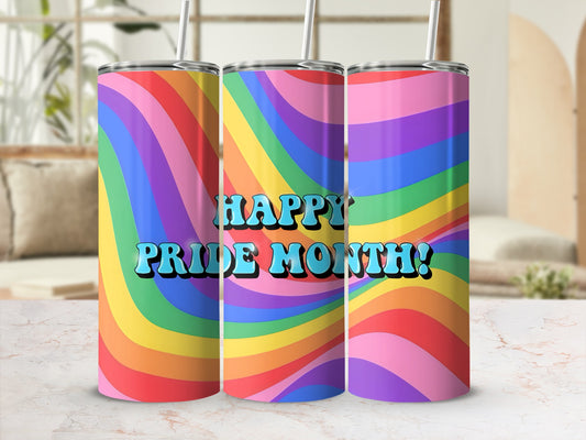 Rainbow pride tumbler with "Happy Pride Month!" text in blue lettering.