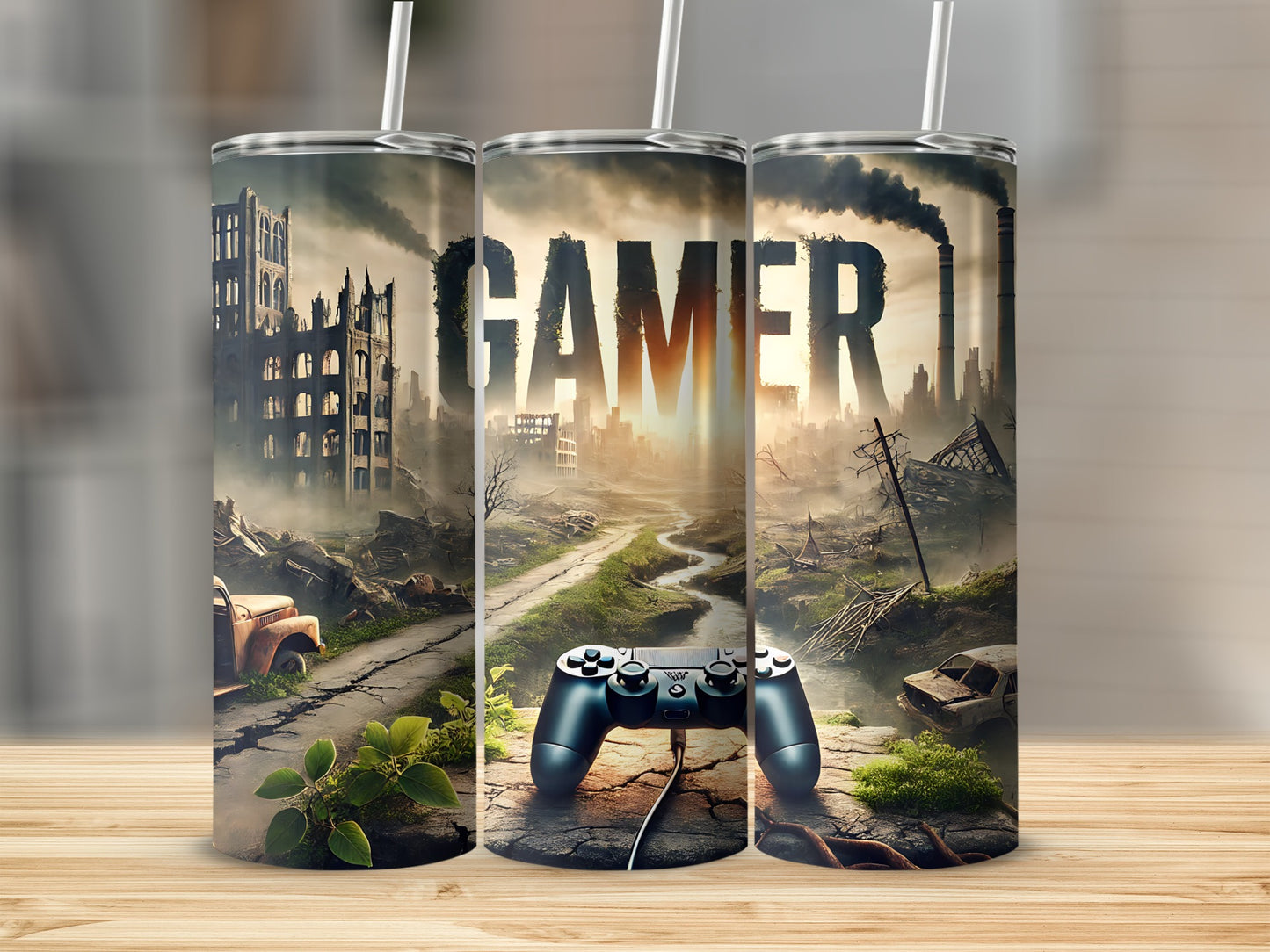 Three tumblers featuring a post-apocalyptic cityscape with the word "GAMER".