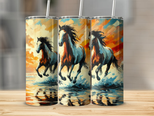 Three tumblers featuring galloping horses reflected in water with a colorful sky.