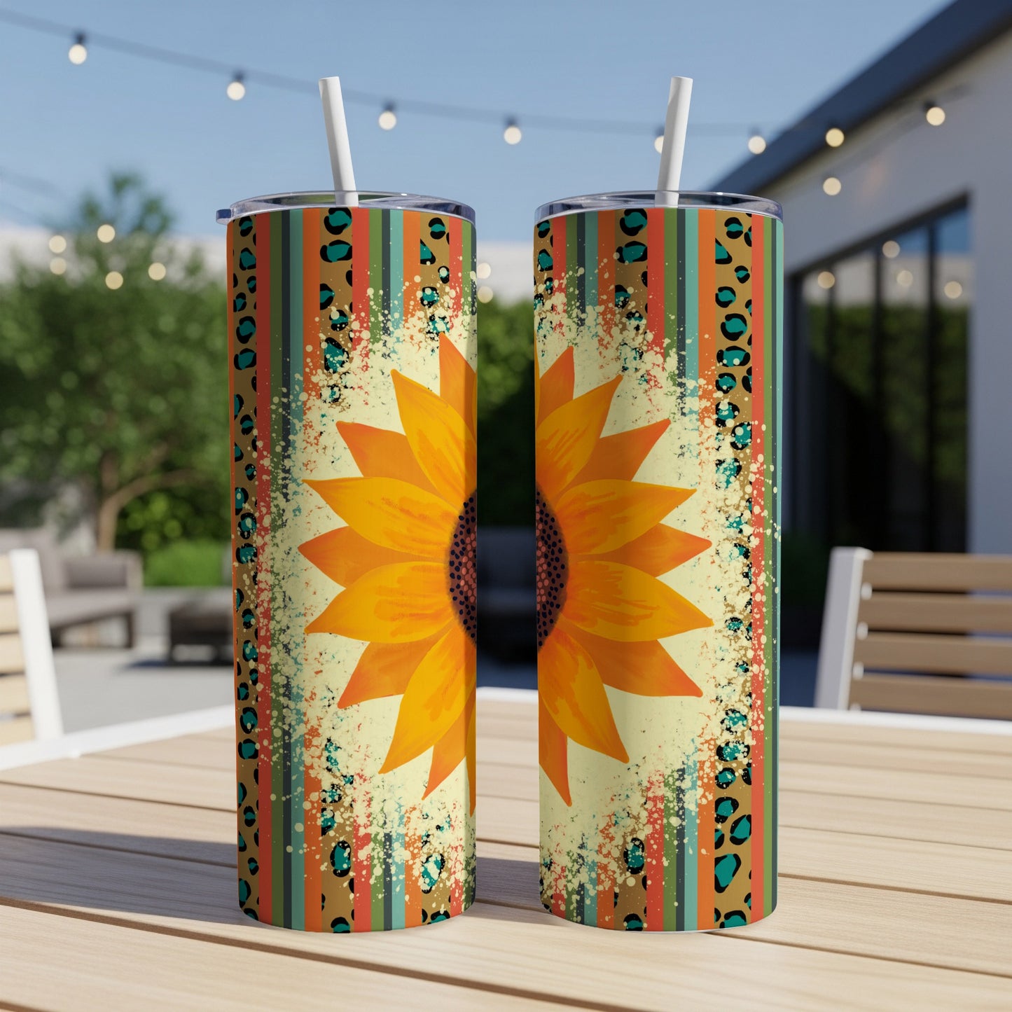 Two tall tumblers with sunflower and leopard print designs.