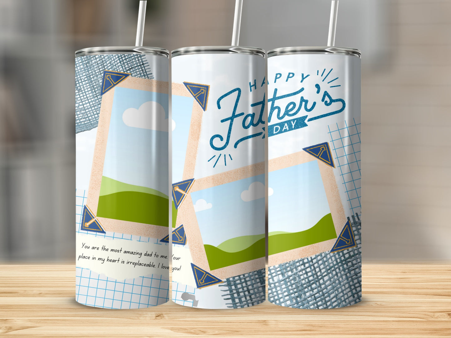 Father's Day tumbler with photo frames and handwritten message.