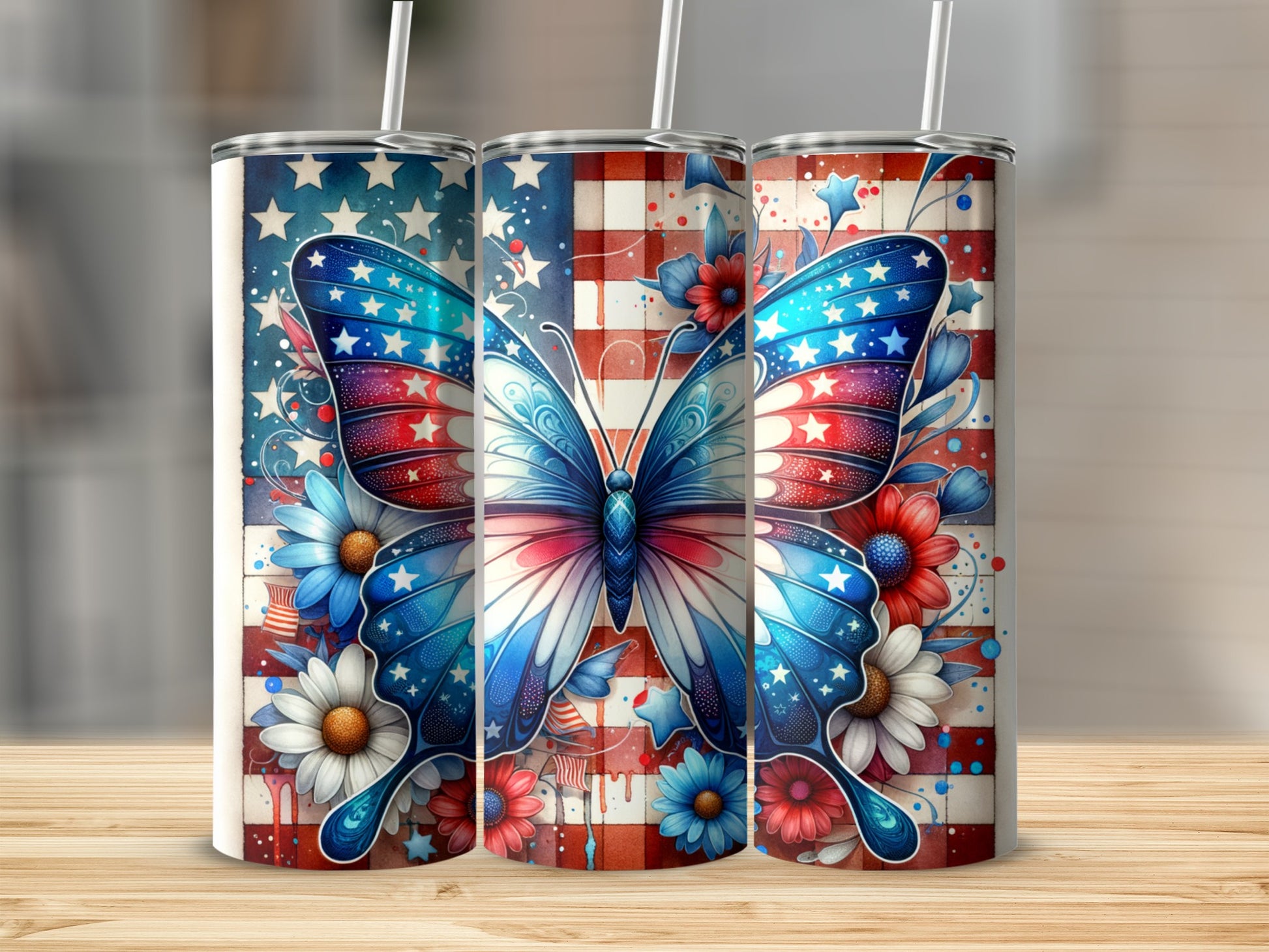 Patriotic butterfly with American flag pattern on a tumbler.