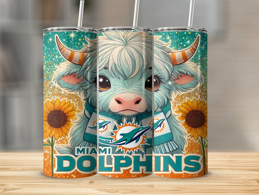 Miami Dolphins Highland cow tumbler with sunflowers and glitter accents.