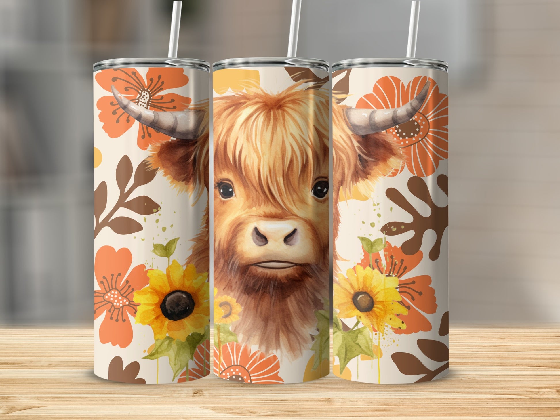 Cute Highland Cow with Colorful Flowers Drink Tumbler