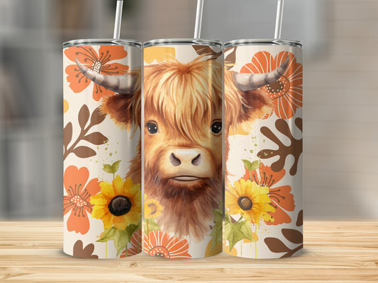 Cute Highland Cow with Colorful Flowers Drink Tumbler
