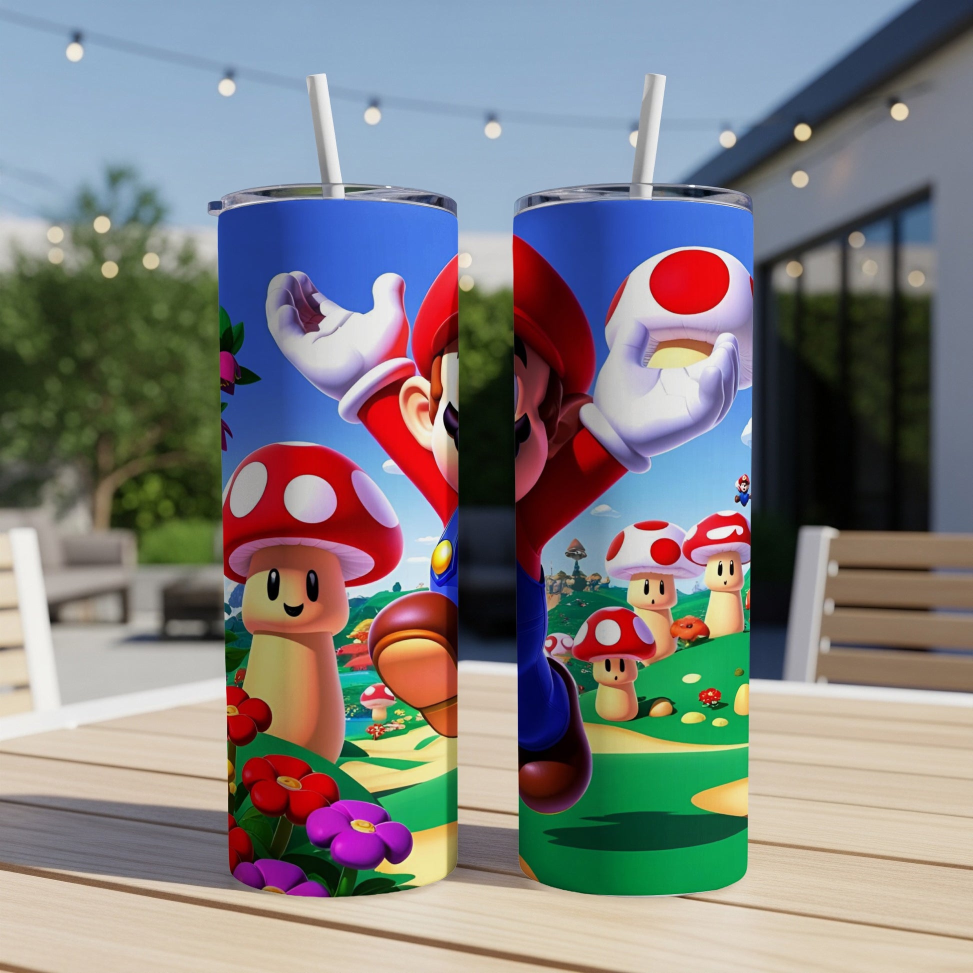 Mario and Toad characters on a green and blue patterned tumbler.