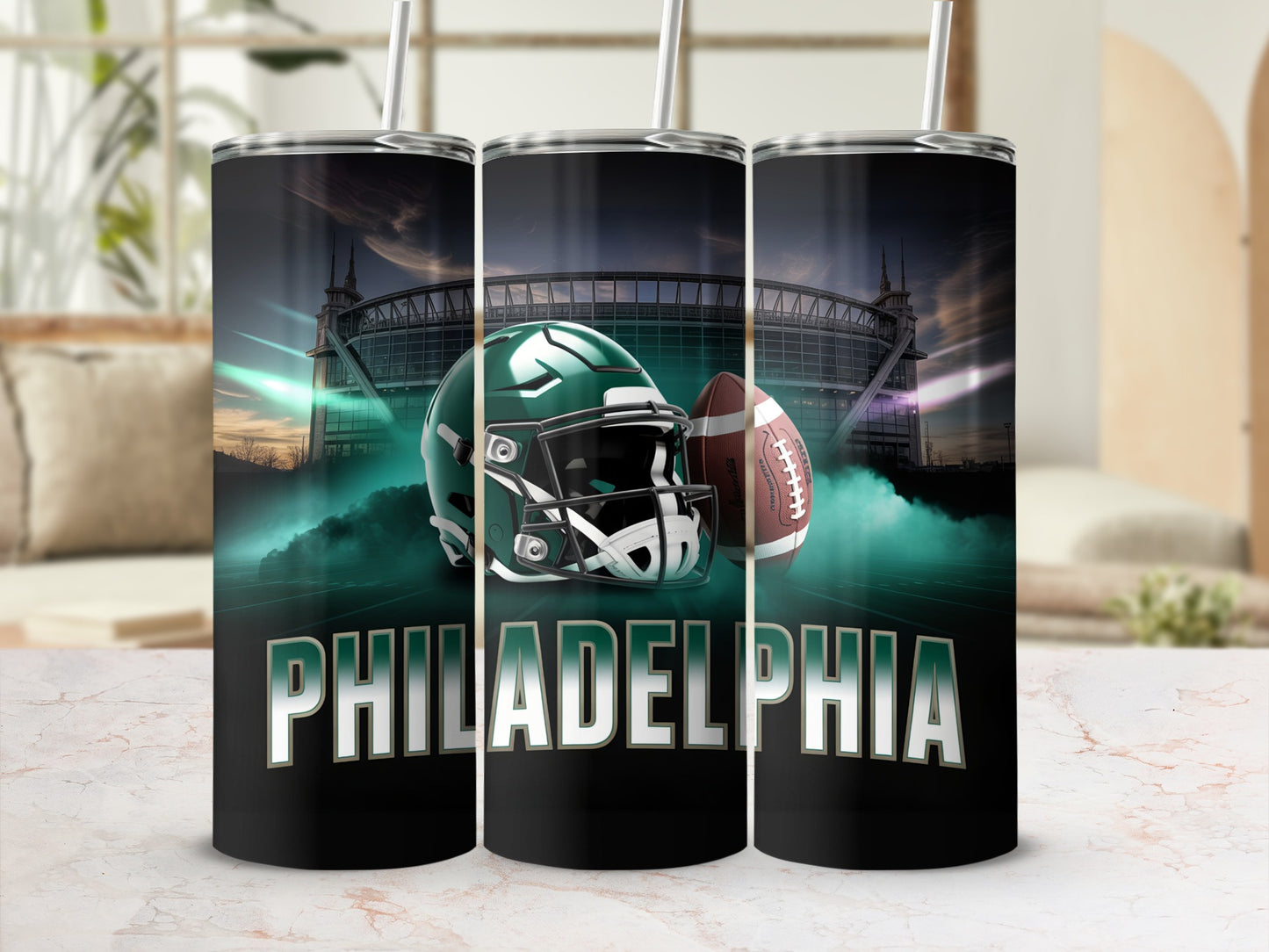 Green football helmet and ball with "PHILADELPHIA" text on a stadium background.