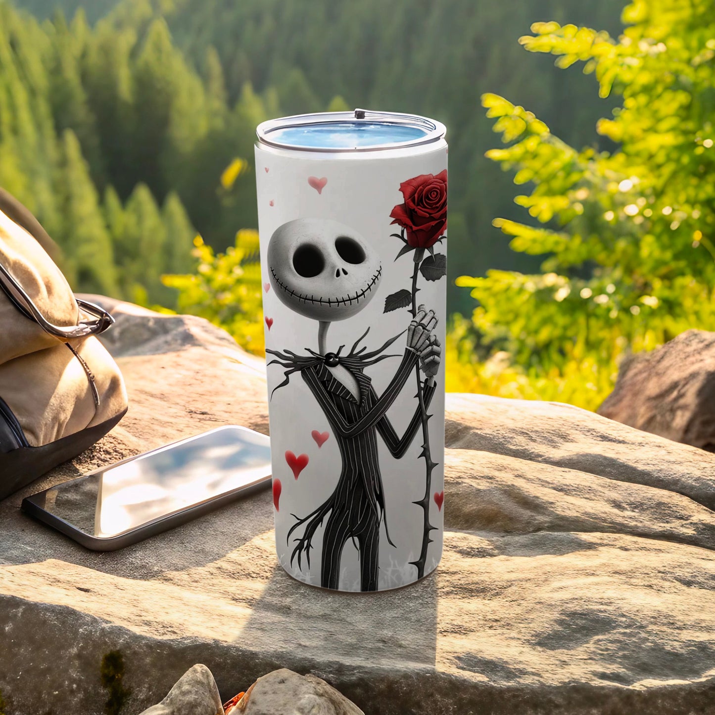 Gothic Skeleton with Rose Artwork Travel Tumbler