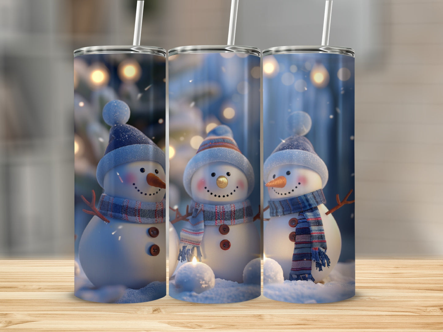 Three snowmen with scarves and hats in a snowy forest.