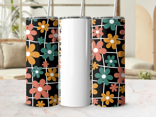 Tumbler with floral grid pattern in orange, teal, and pink.