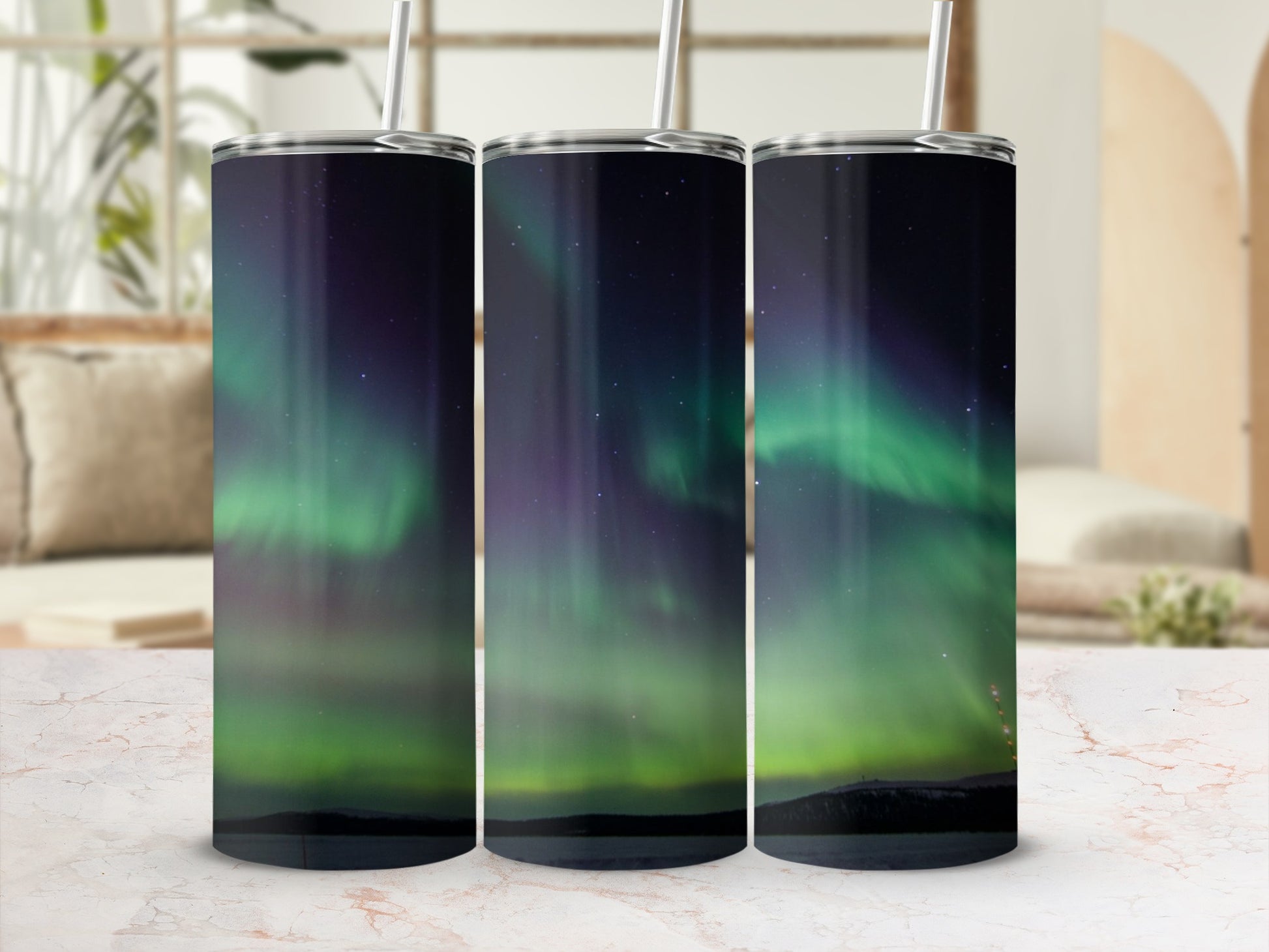 Northern Lights Design Tumbler with Straw Tumbler