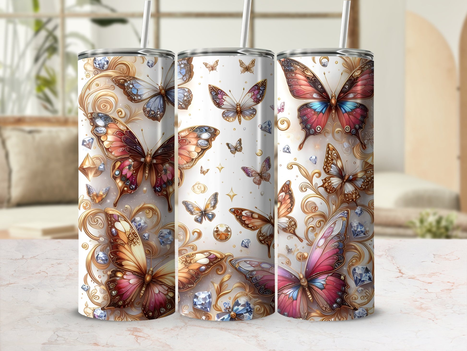 Tall tumbler with iridescent butterflies and jewels on a blurred background.