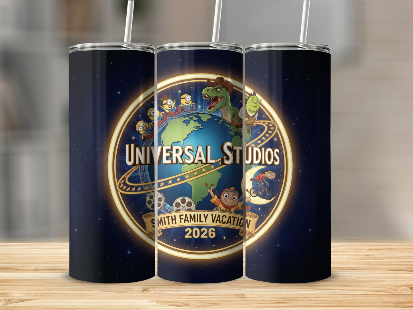 Universal Studios 2026 Smith Family Vacation tumbler with characters.