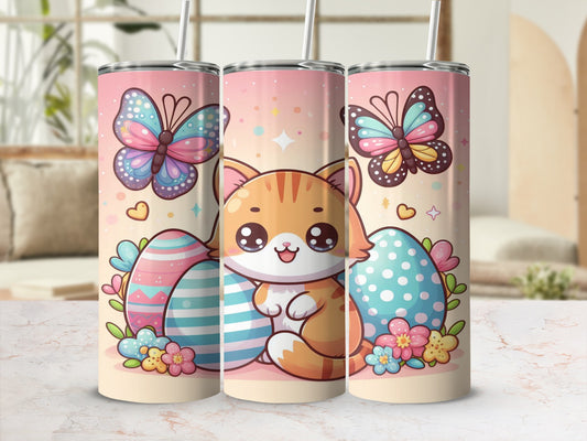 Cute cartoon cat with Easter eggs and butterflies on a pink gradient background.