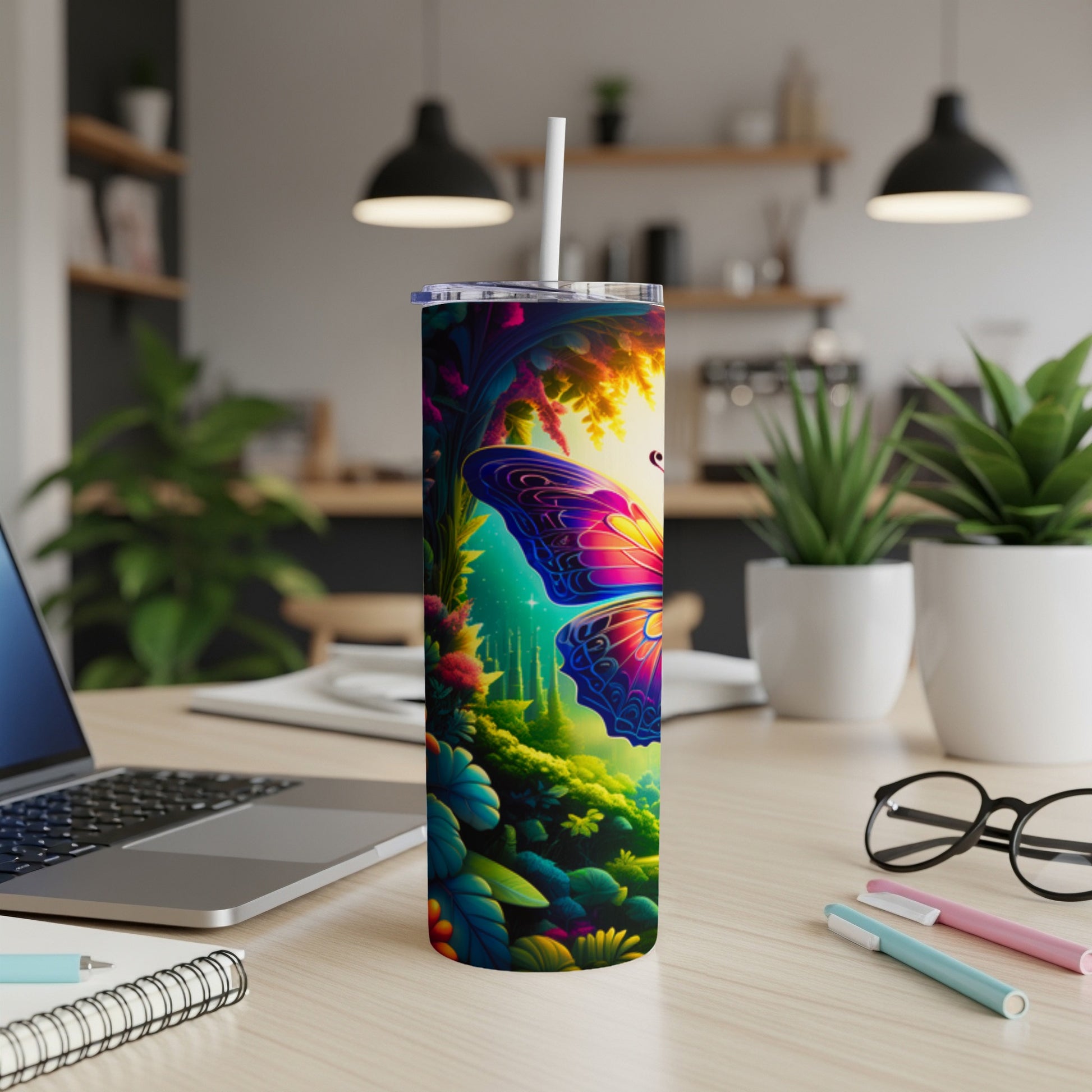 Tall tumbler with colorful butterfly and vibrant floral design.