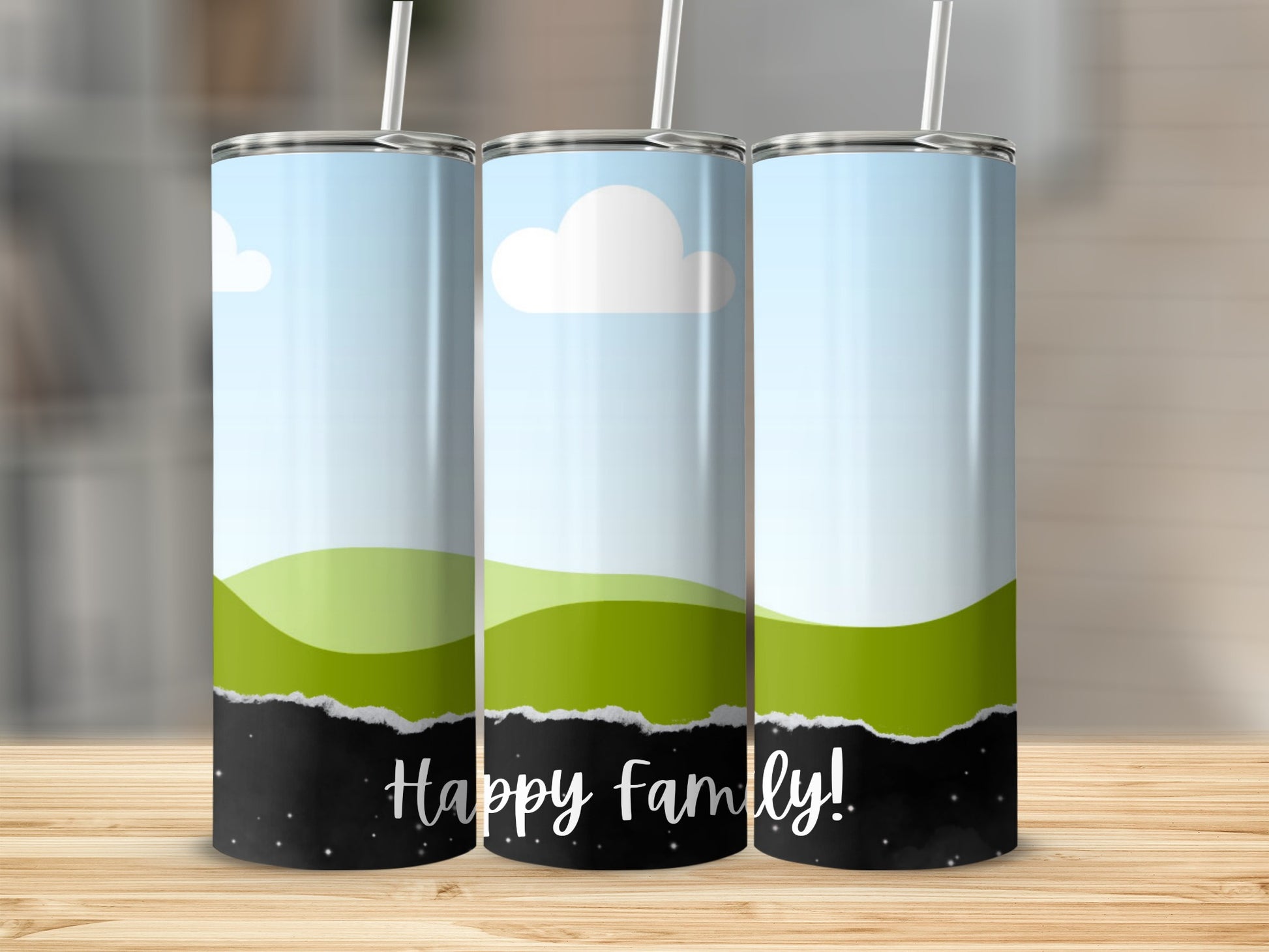 Three tumblers with a sky, hills, and "Happy Family!" text design.
