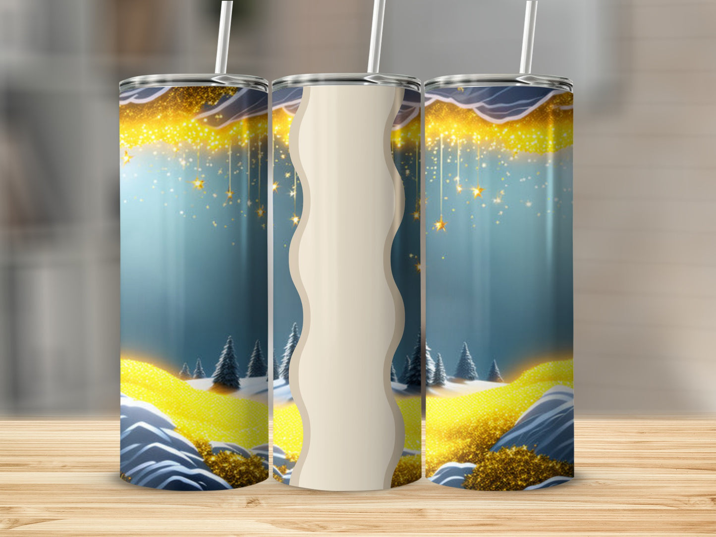 Three tumblers with a winter starry sky and snow-covered mountains design.